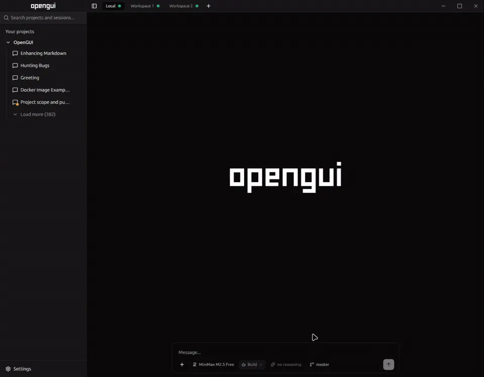 OpenGUI desktop workspace with Claude Code agent streaming a live coding response, showing sidebar navigation and model selector