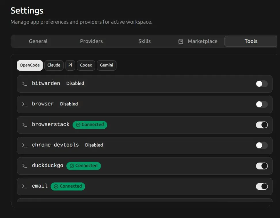 OpenGUI MCP tool management showing installed tools with toggle switches for bitwarden, browser and chrome-devtools extensions