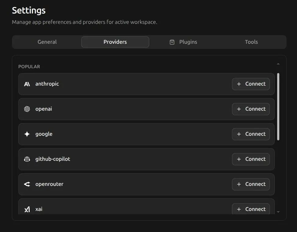 OpenGUI provider settings with Anthropic, OpenAI, Google and GitHub Copilot connection options